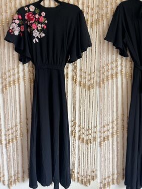 Western Boho Whimsygoth Black Pink Floral Embroidered Open Back Flowy Maxi Dress